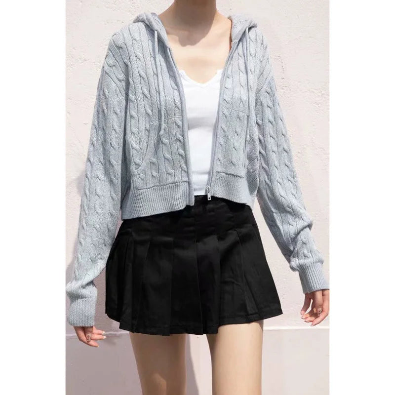 Women's Long Sleeve Knitted Crop Sweater, Zipper Front Off Shoulder Cardigan, Brandy Mandy Style Y2K Top