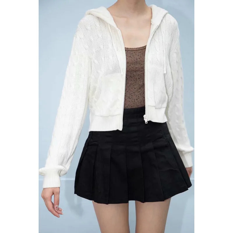 Women's Long Sleeve Knitted Crop Sweater, Zipper Front Off Shoulder Cardigan, Brandy Mandy Style Y2K Top