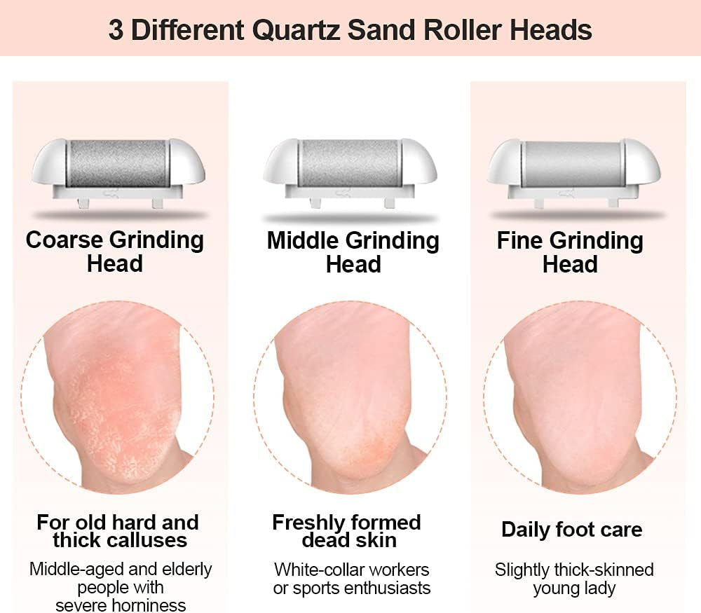 Rechargeable Electric Foot File and Callus Remover Set with Three Roller Heads and Dual Speed Settings for Optimal Pedicure and Foot Care