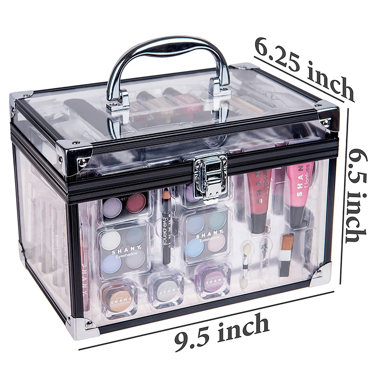 Deluxe Aluminum Makeup Train Case with Reusable Organizer and Complete Beauty Collection Featuring Eye Palettes, Blushes, Face Powders, Manicure and Pedicure Tools, and Cosmetic Brushes.