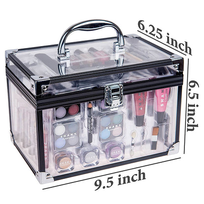 Deluxe Aluminum Makeup Train Case with Reusable Organizer and Complete Beauty Collection Featuring Eye Palettes, Blushes, Face Powders, Manicure and Pedicure Tools, and Cosmetic Brushes.