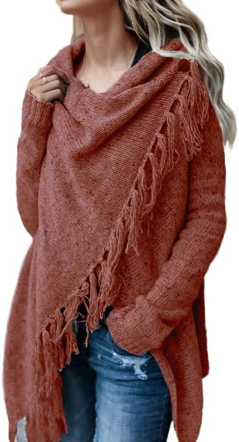 Women'S Open Front Knited Tassels Slash Loose Cardigan Crew Neck Speckled Fringe Sweater Outwear