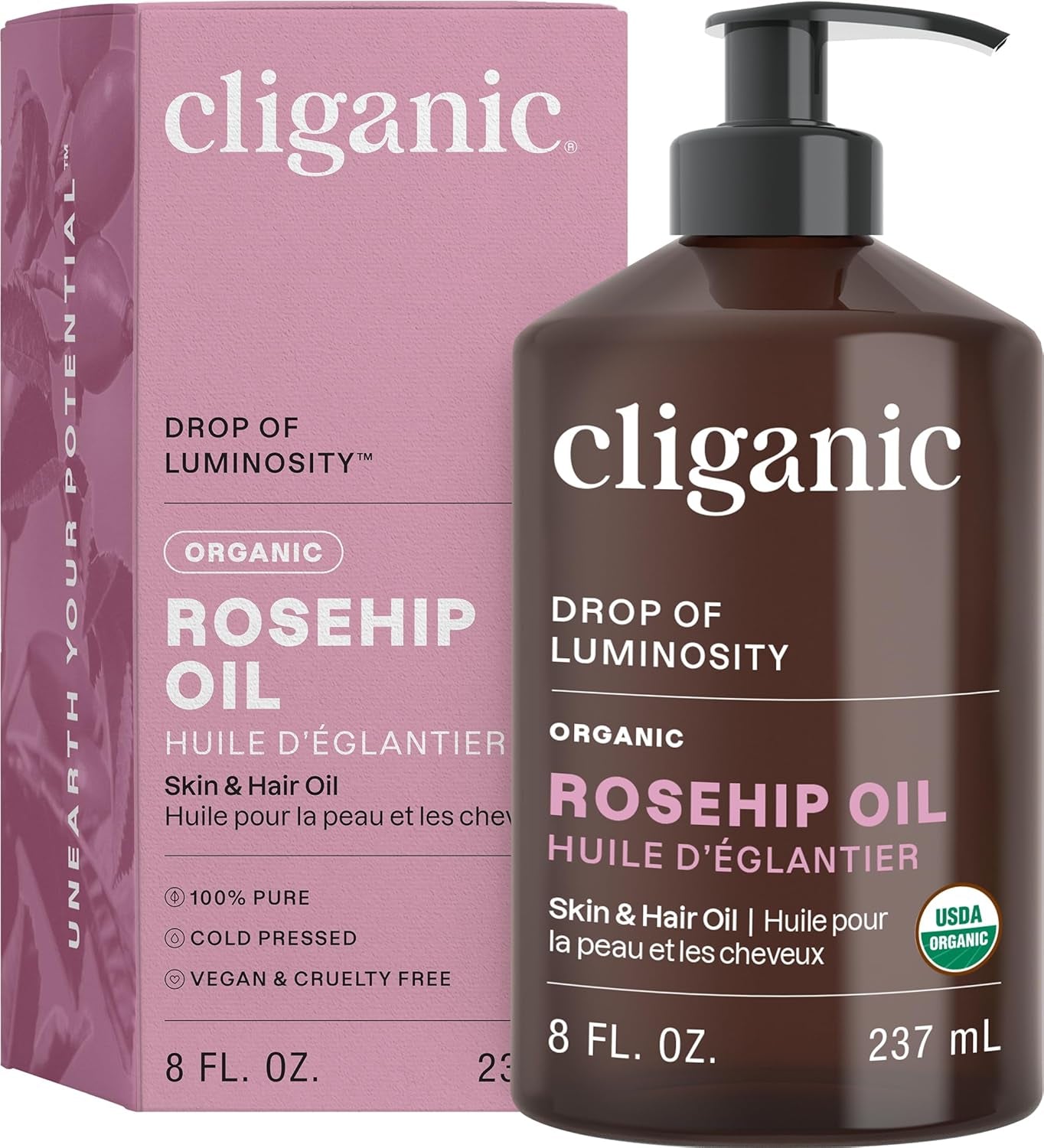 Organic Rosehip Seed Oil for Face - 100% Pure, Cold-Pressed Face Oil for Glowing Skin & Hair