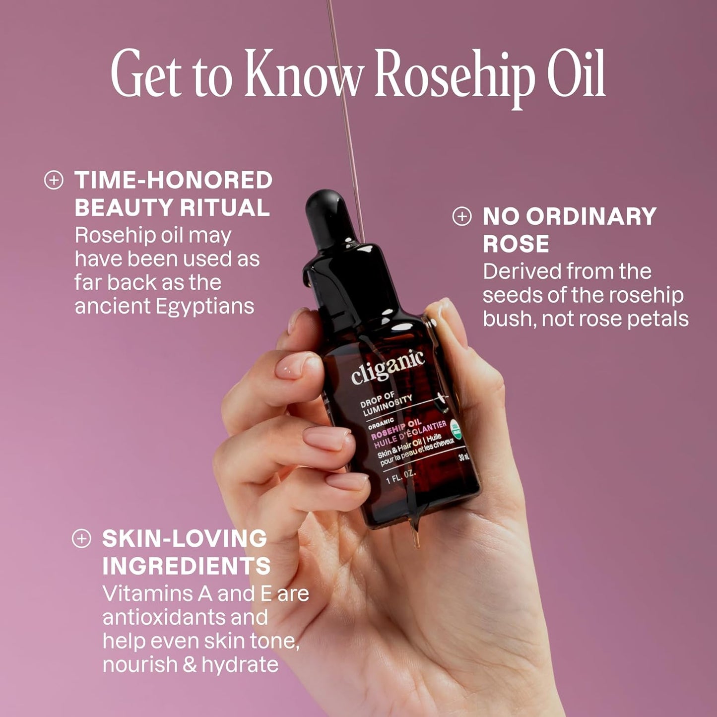 Organic Rosehip Seed Oil for Face - 100% Pure, Cold-Pressed Face Oil for Glowing Skin & Hair