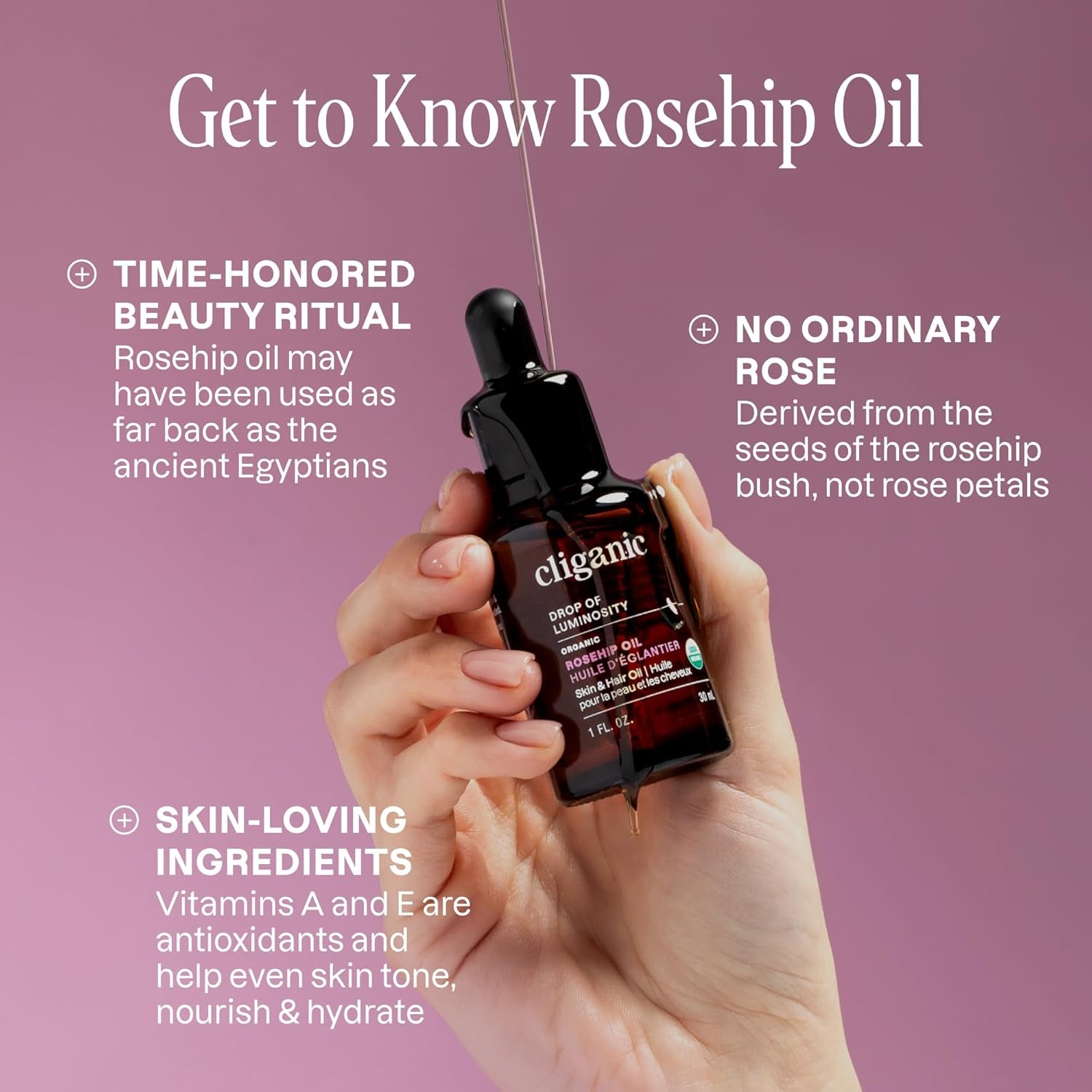 Organic Rosehip Seed Oil for Face - 100% Pure, Cold-Pressed Face Oil for Glowing Skin & Hair