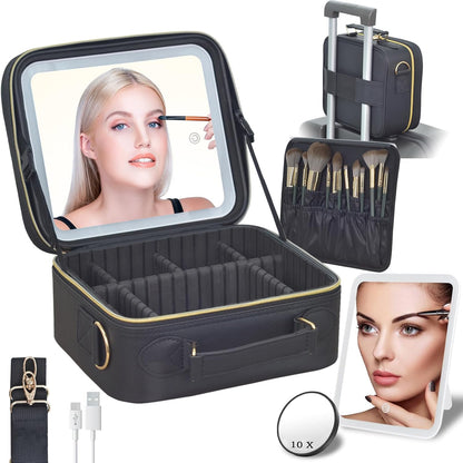 LED Makeup Travel Bag with Adjustable Brightness Mirror and Dividers - Lighted Cosmetic Case with Brush Holder, Ideal Gift for Women (Black)