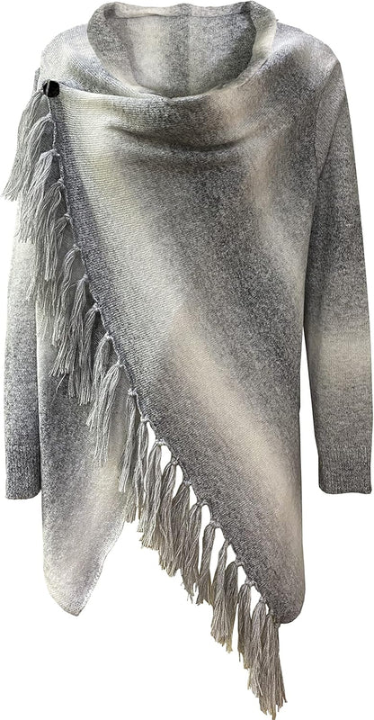 Women'S Open Front Knited Tassels Slash Loose Cardigan Crew Neck Speckled Fringe Sweater Outwear