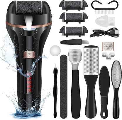 Rechargeable Electric Foot File and Callus Remover Set with Three Roller Heads and Dual Speed Settings for Optimal Pedicure and Foot Care