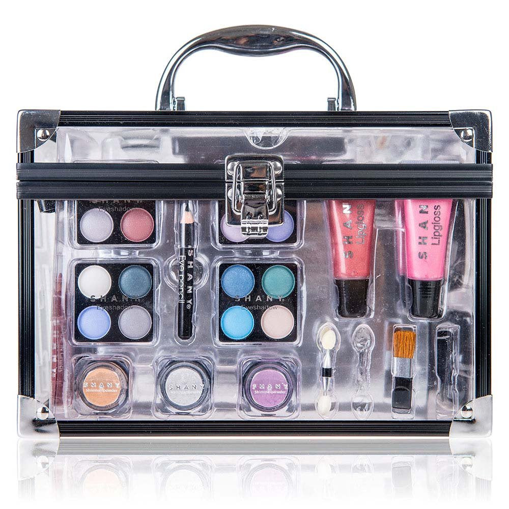 Deluxe Aluminum Makeup Train Case with Reusable Organizer and Complete Beauty Collection Featuring Eye Palettes, Blushes, Face Powders, Manicure and Pedicure Tools, and Cosmetic Brushes.