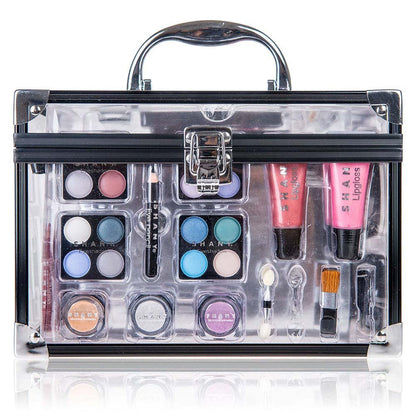 Deluxe Aluminum Makeup Train Case with Reusable Organizer and Complete Beauty Collection Featuring Eye Palettes, Blushes, Face Powders, Manicure and Pedicure Tools, and Cosmetic Brushes.
