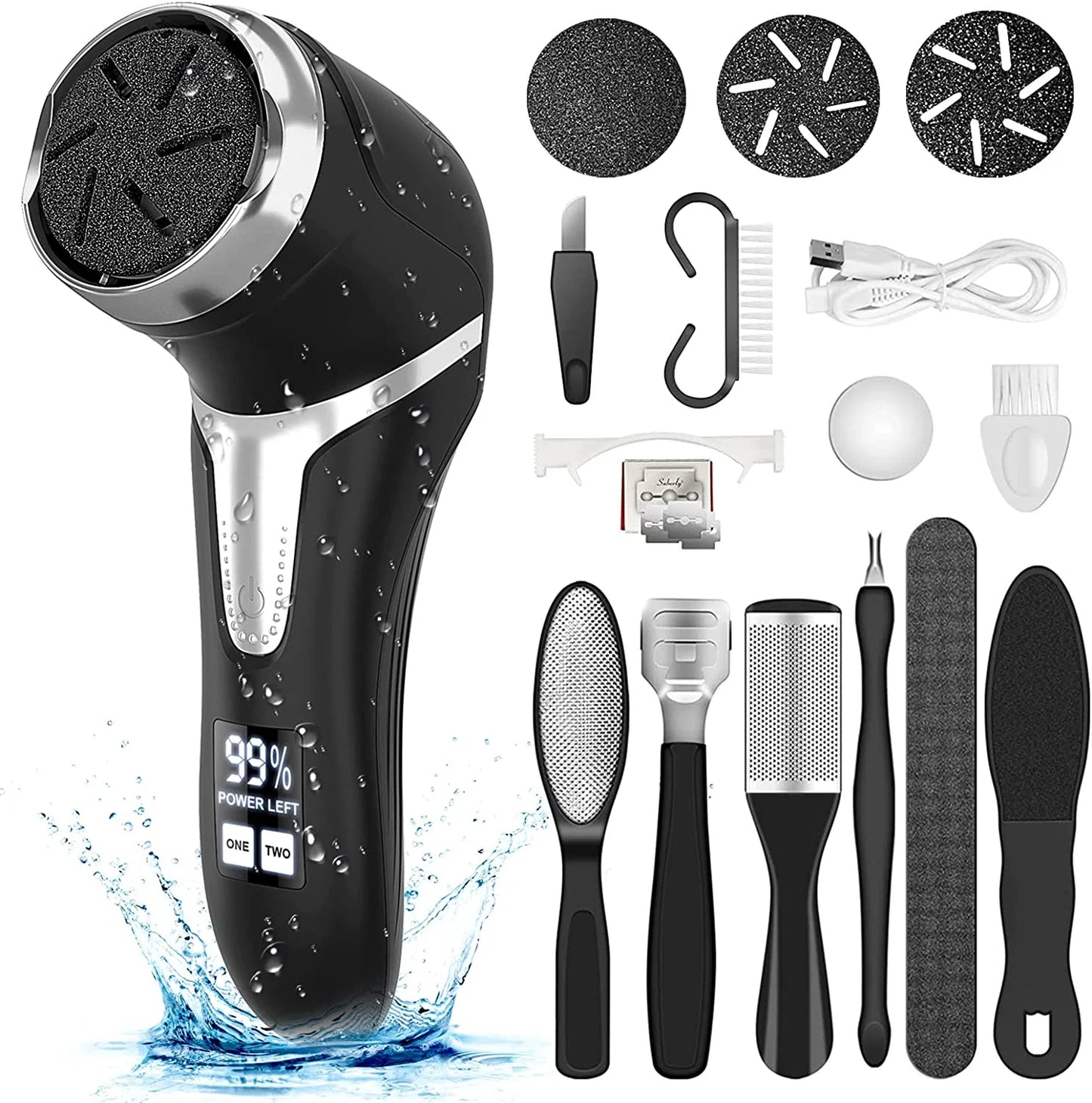 Professional Electric Callus Remover for Feet - Portable Rechargeable Pedicure Kit with Waterproof Foot File, 3 Interchangeable Heads, and LCD Display