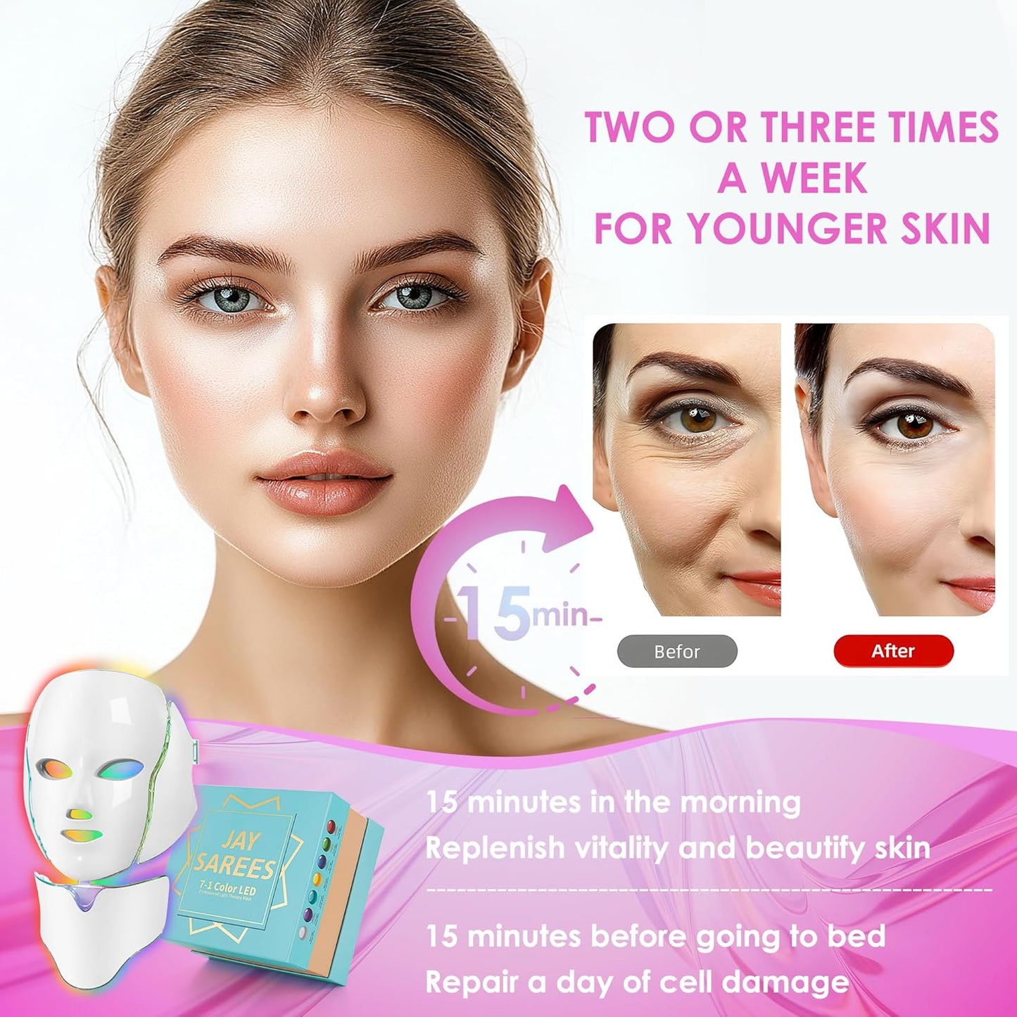 Professional LED Face Mask for Red Light Therapy - 7-in-1 Color Options for Advanced Facial Skin Care (White)