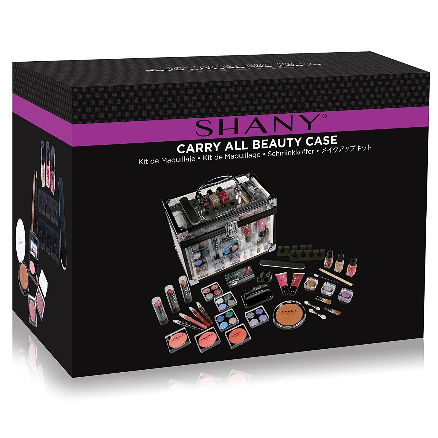 Deluxe Aluminum Makeup Train Case with Reusable Organizer and Complete Beauty Collection Featuring Eye Palettes, Blushes, Face Powders, Manicure and Pedicure Tools, and Cosmetic Brushes.