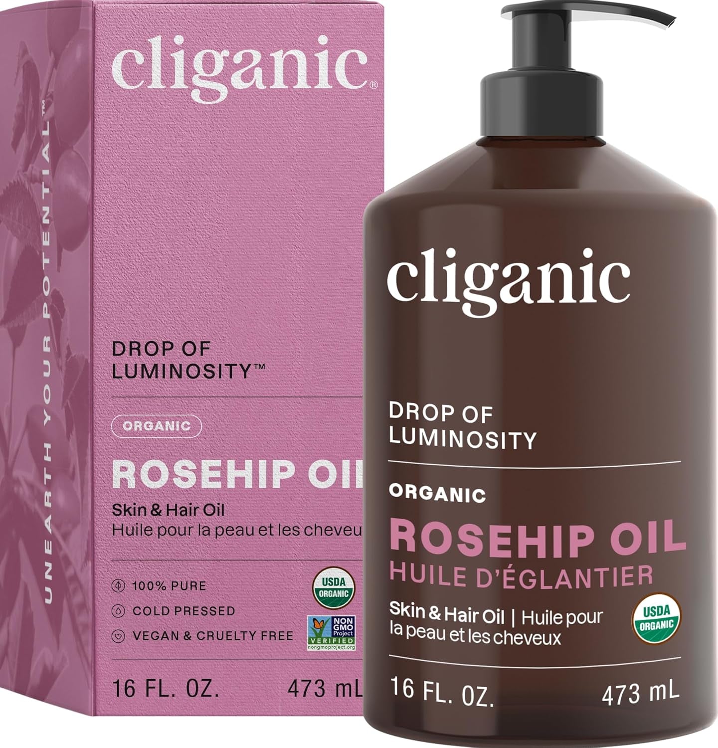 Organic Rosehip Seed Oil for Face - 100% Pure, Cold-Pressed Face Oil for Glowing Skin & Hair