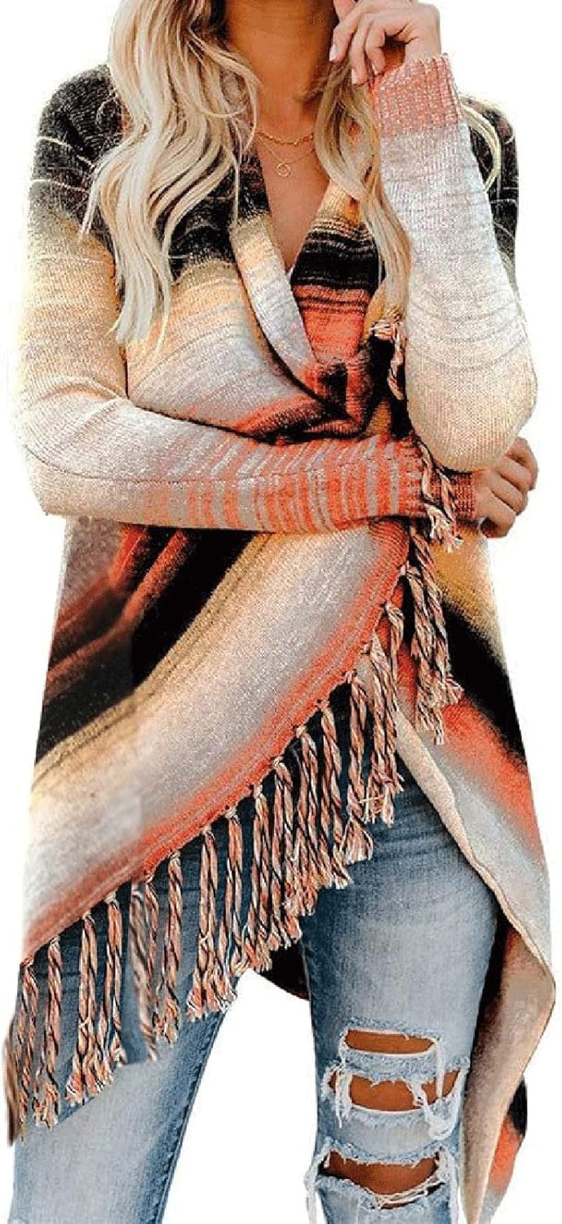 Women'S Open Front Knited Tassels Slash Loose Cardigan Crew Neck Speckled Fringe Sweater Outwear