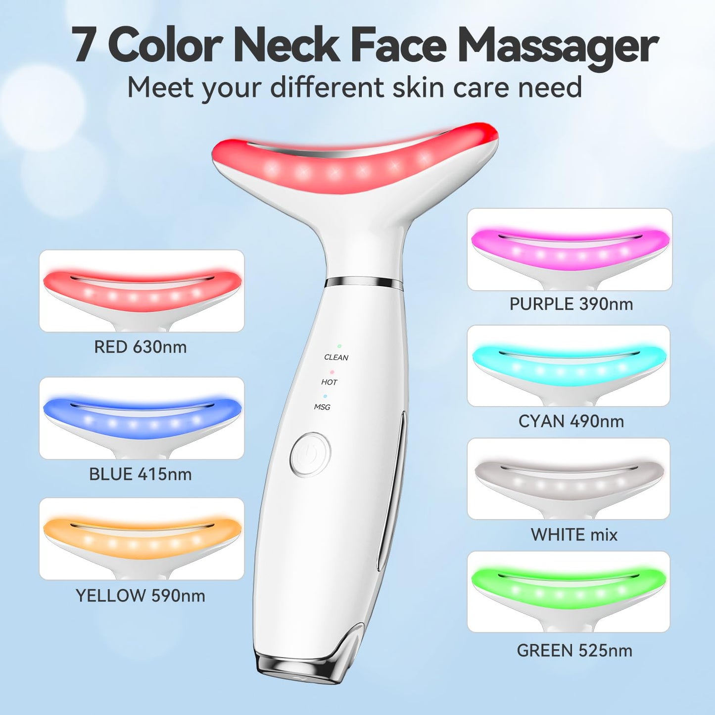 7-Color Thermal Vibration Facial Massager and Neck Tool for At-Home Skin Care (White)