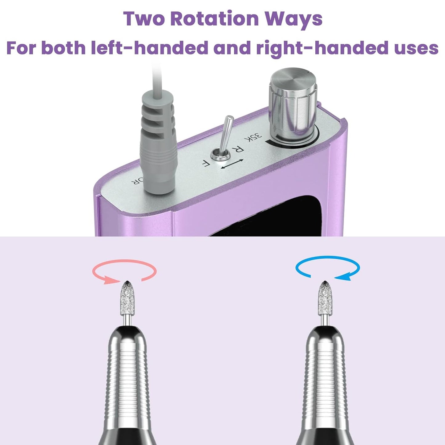  Professional 35000 RPM Rechargeable Nail Drill - High Torque Purple file for Acrylic & Gel Nails