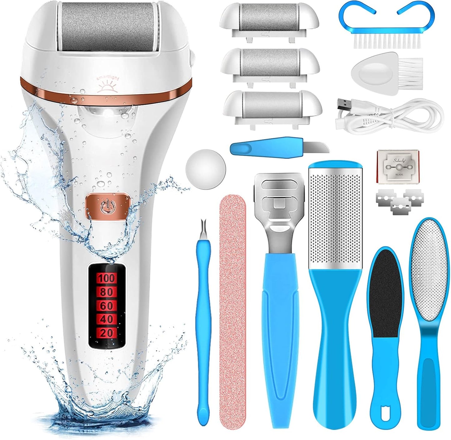 Rechargeable Electric Foot File and Callus Remover Set with Three Roller Heads and Dual Speed Settings for Optimal Pedicure and Foot Care