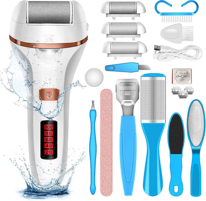 Rechargeable Electric Foot File and Callus Remover Set with Three Roller Heads and Dual Speed Settings for Optimal Pedicure and Foot Care