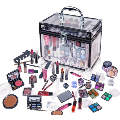 Deluxe Aluminum Makeup Train Case with Reusable Organizer and Complete Beauty Collection Featuring Eye Palettes, Blushes, Face Powders, Manicure and Pedicure Tools, and Cosmetic Brushes.