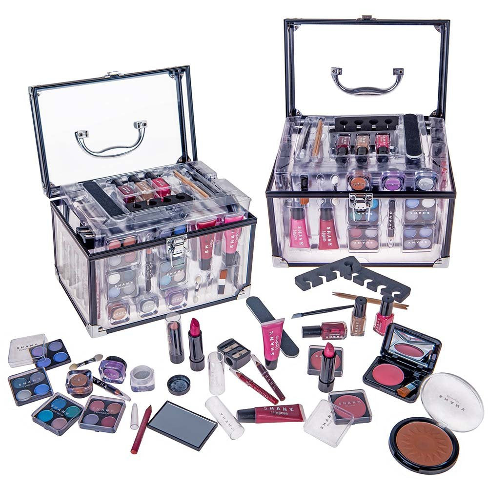 Deluxe Aluminum Makeup Train Case with Reusable Organizer and Complete Beauty Collection Featuring Eye Palettes, Blushes, Face Powders, Manicure and Pedicure Tools, and Cosmetic Brushes.
