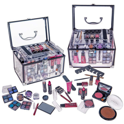 Deluxe Aluminum Makeup Train Case with Reusable Organizer and Complete Beauty Collection Featuring Eye Palettes, Blushes, Face Powders, Manicure and Pedicure Tools, and Cosmetic Brushes.