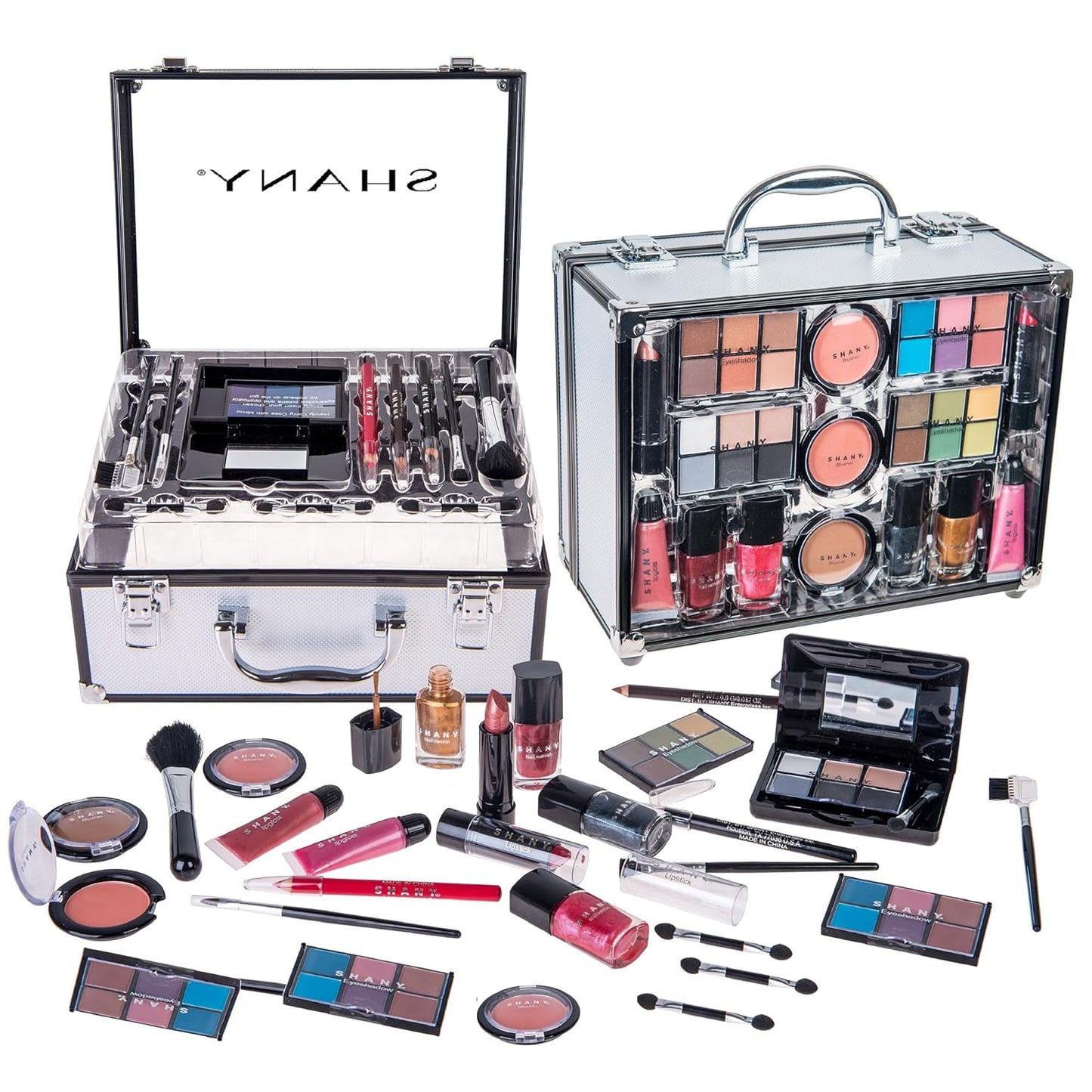 Deluxe Aluminum Makeup Train Case with Reusable Organizer and Complete Beauty Collection Featuring Eye Palettes, Blushes, Face Powders, Manicure and Pedicure Tools, and Cosmetic Brushes.