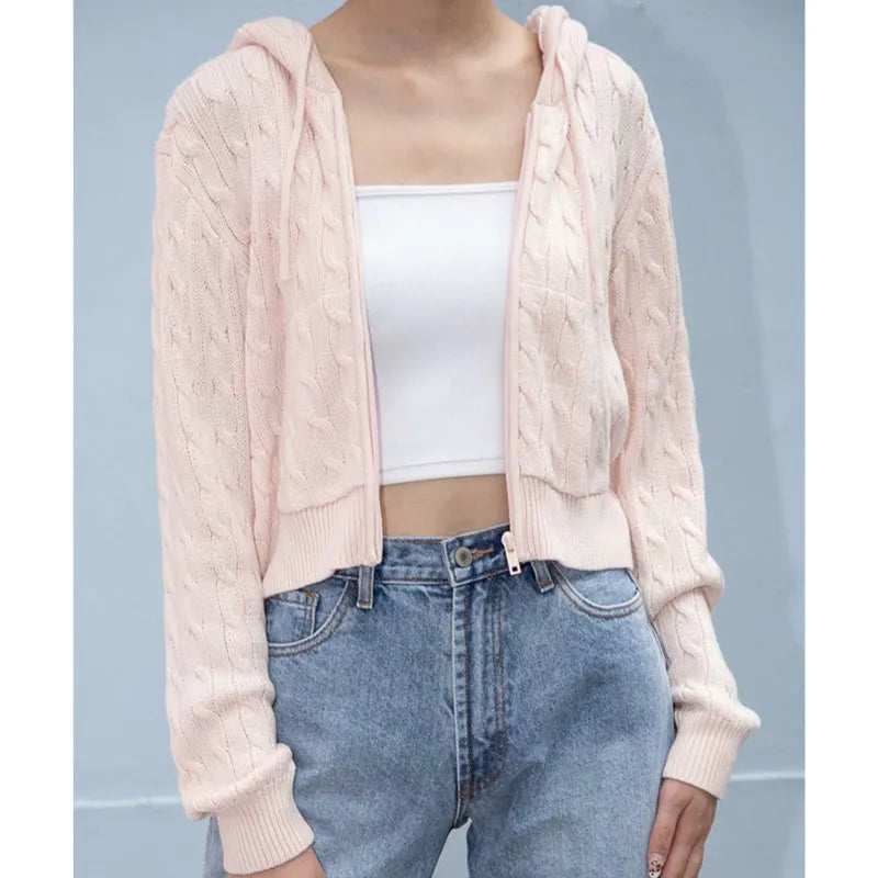 Women's Long Sleeve Knitted Crop Sweater, Zipper Front Off Shoulder Cardigan, Brandy Mandy Style Y2K Top