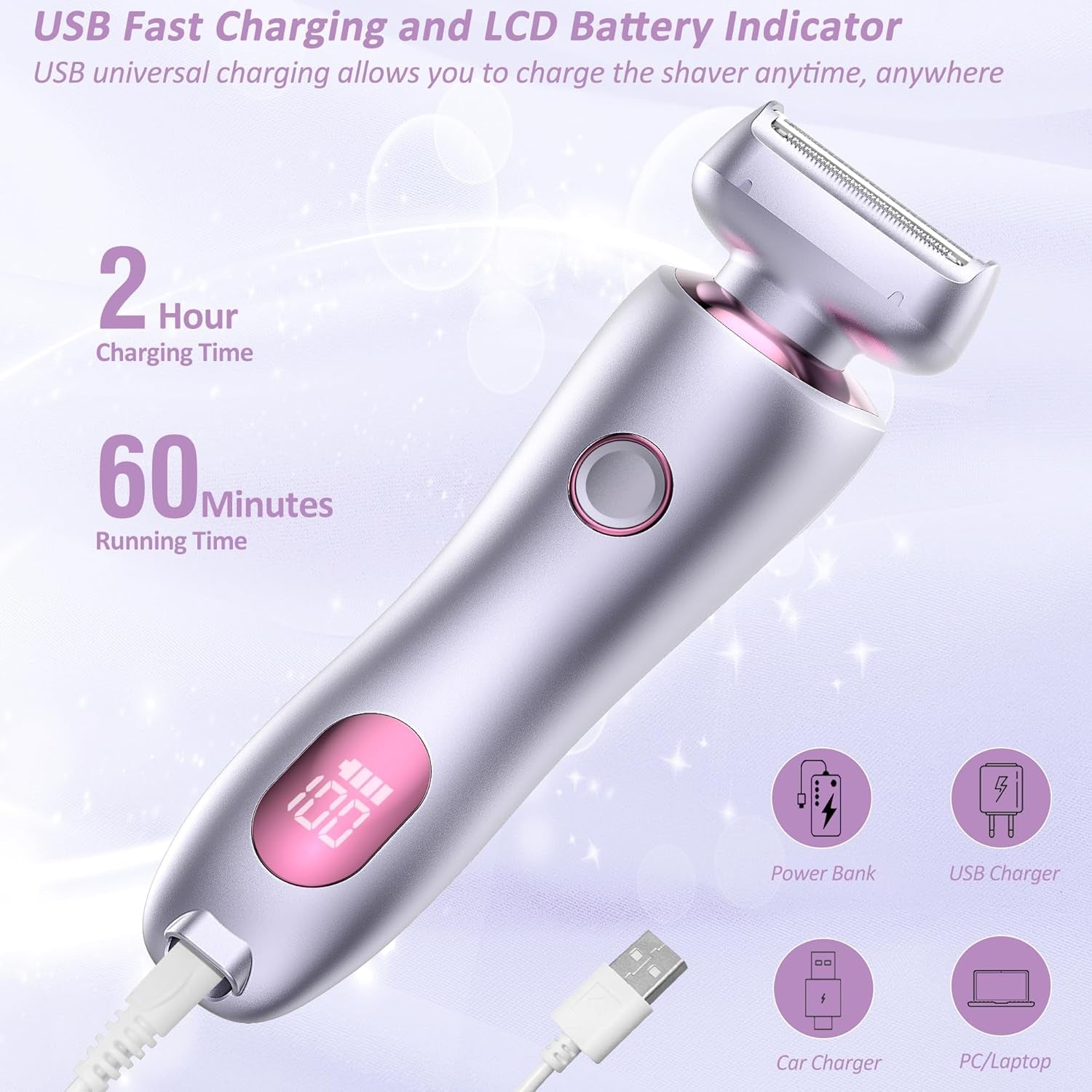 Women's Electric Shaver for Legs and Body - Waterproof Portable Hair Trimmer for Pubic, Underarm, and Bikini Areas, USB Rechargeable, Painless Design (Purple)