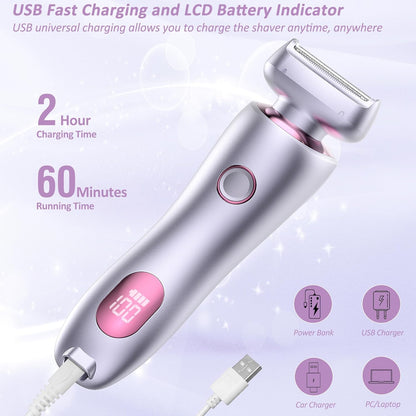 Women's Electric Shaver for Legs and Body - Waterproof Portable Hair Trimmer for Pubic, Underarm, and Bikini Areas, USB Rechargeable, Painless Design (Purple)