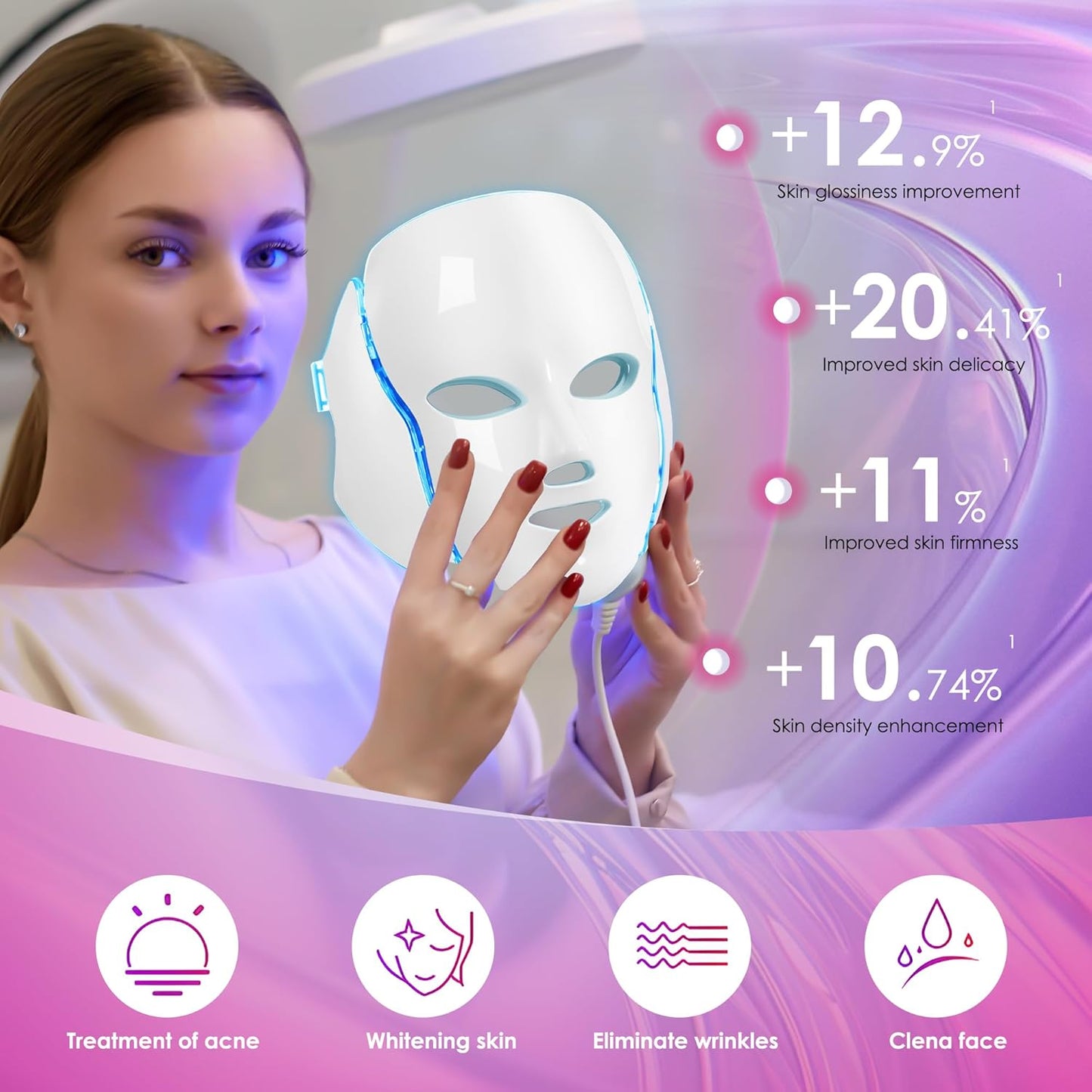 Professional LED Face Mask for Red Light Therapy - 7-in-1 Color Options for Advanced Facial Skin Care (White)