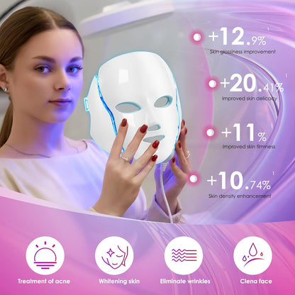 Professional LED Face Mask for Red Light Therapy - 7-in-1 Color Options for Advanced Facial Skin Care (White)