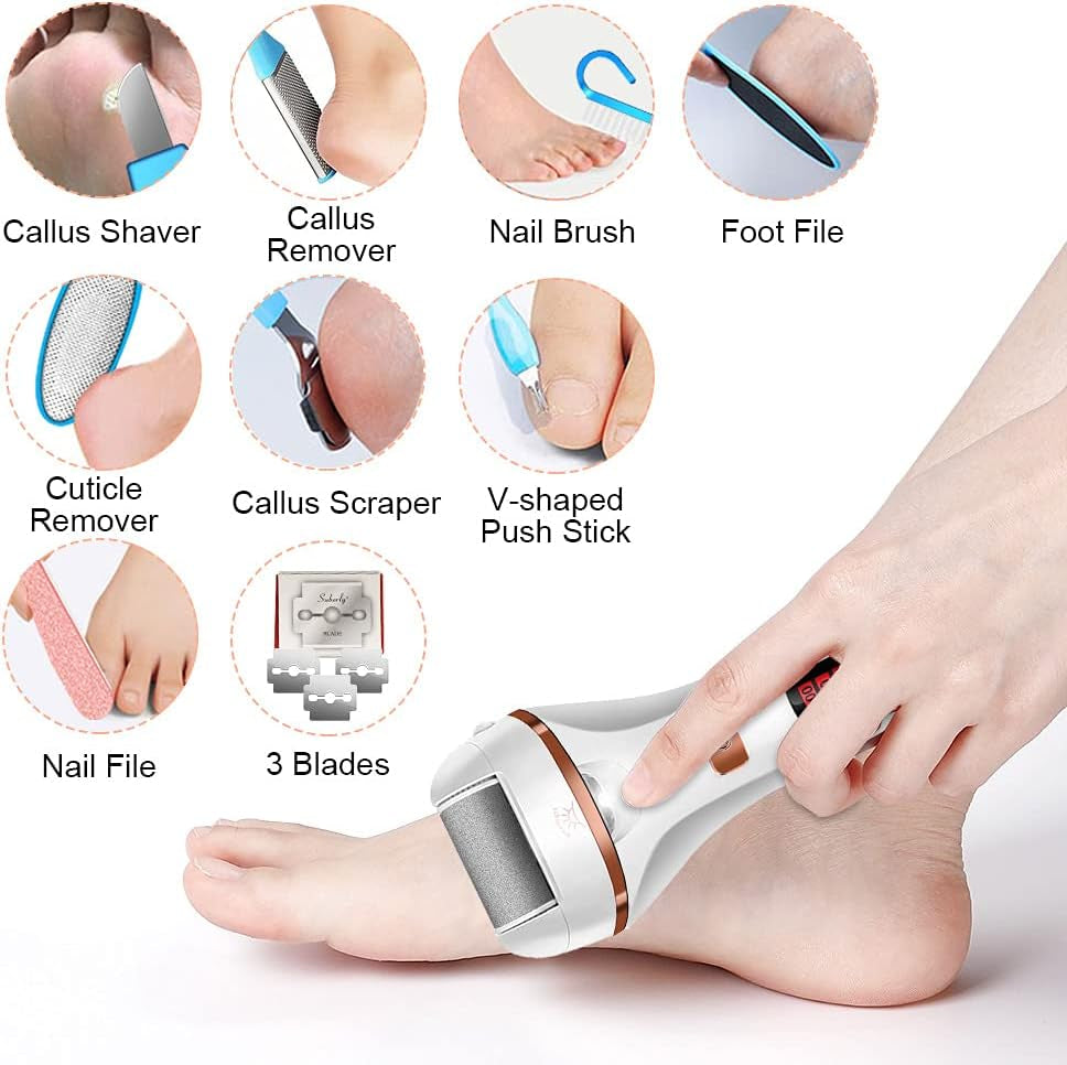 Rechargeable Electric Foot File and Callus Remover Set with Three Roller Heads and Dual Speed Settings for Optimal Pedicure and Foot Care