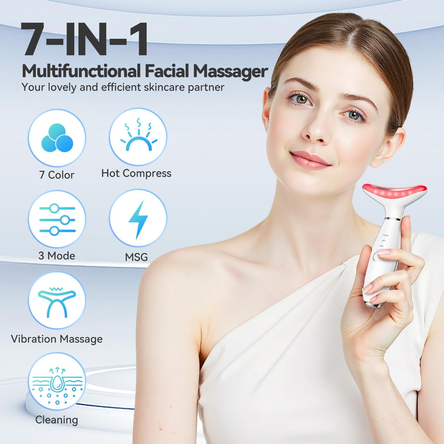 7-Color Thermal Vibration Facial Massager and Neck Tool for At-Home Skin Care (White)
