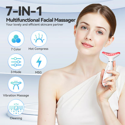 7-Color Thermal Vibration Facial Massager and Neck Tool for At-Home Skin Care (White)