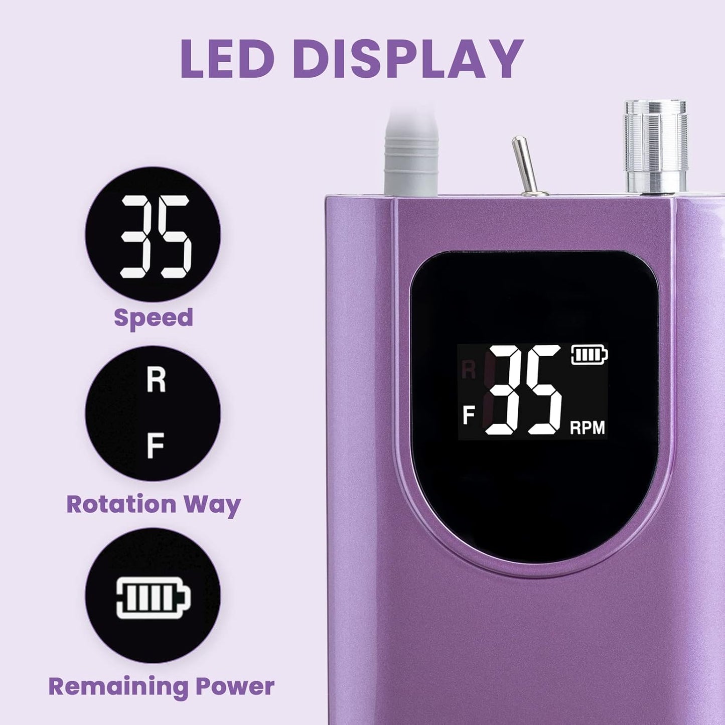  Professional 35000 RPM Rechargeable Nail Drill - High Torque Purple file for Acrylic & Gel Nails