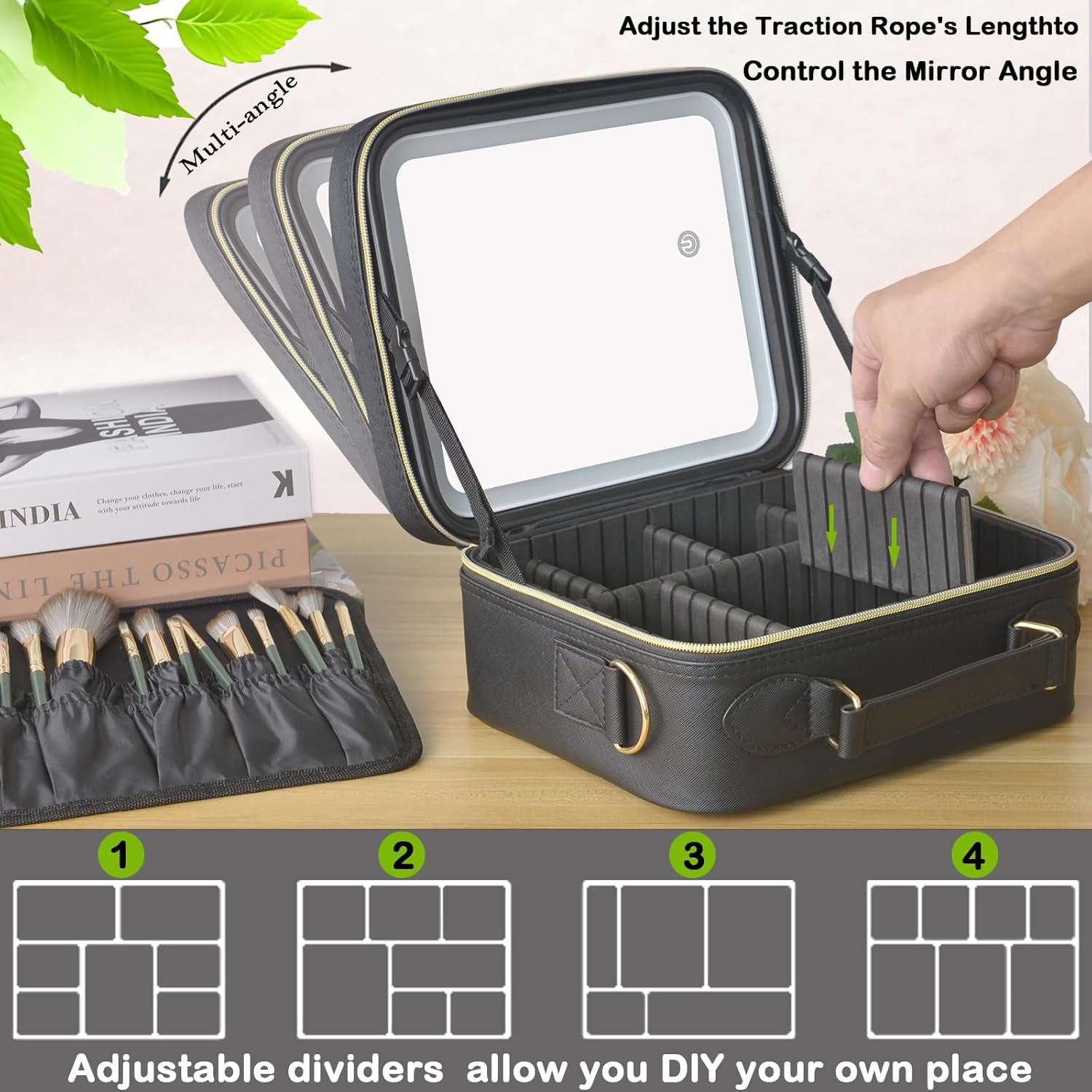 LED Makeup Travel Bag with Adjustable Brightness Mirror and Dividers - Lighted Cosmetic Case with Brush Holder, Ideal Gift for Women (Black)