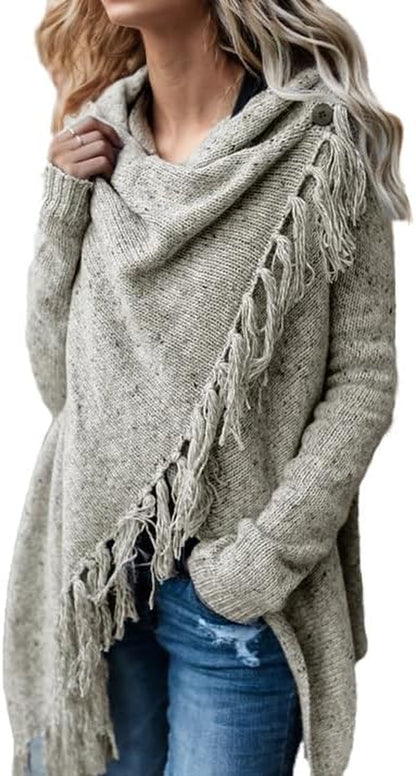 Women'S Open Front Knited Tassels Slash Loose Cardigan Crew Neck Speckled Fringe Sweater Outwear