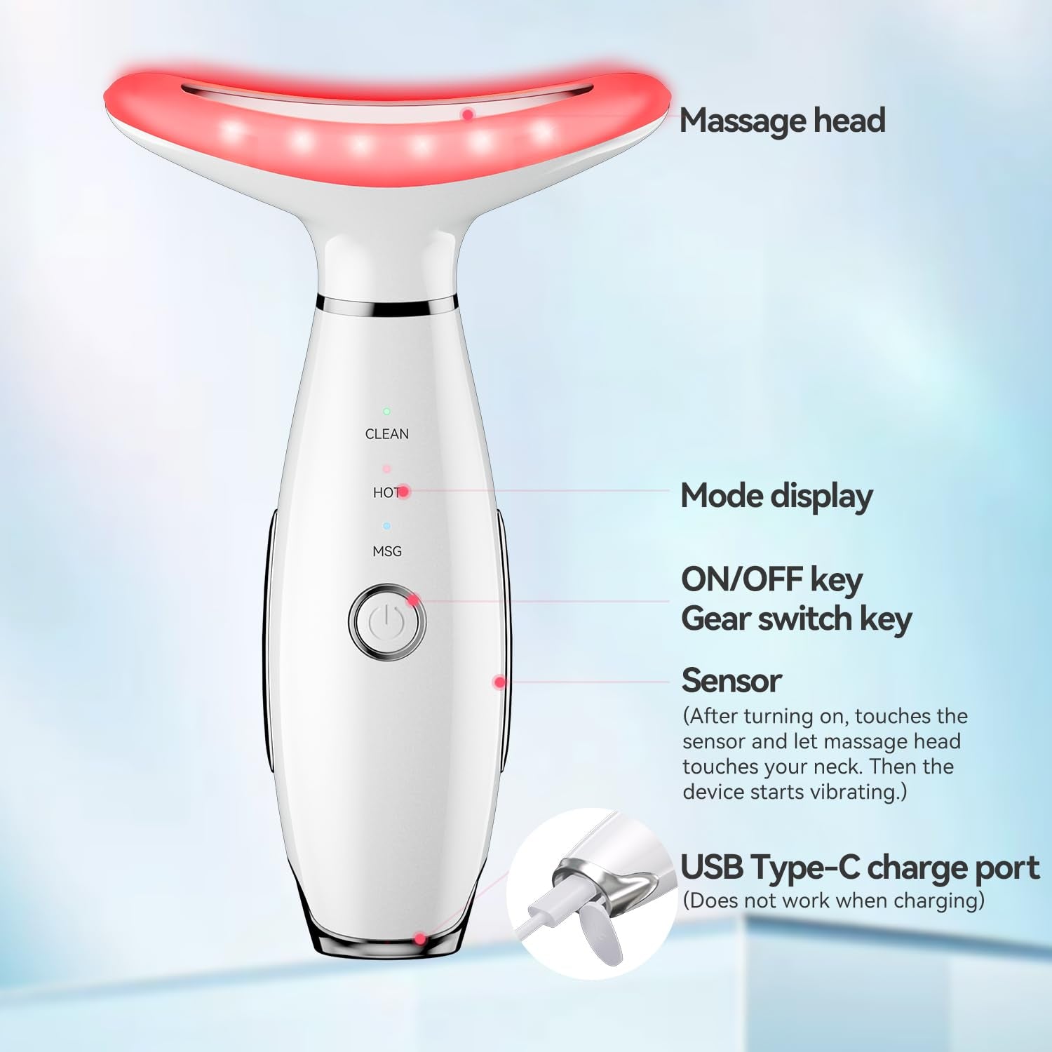 7-Color Thermal Vibration Facial Massager and Neck Tool for At-Home Skin Care (White)