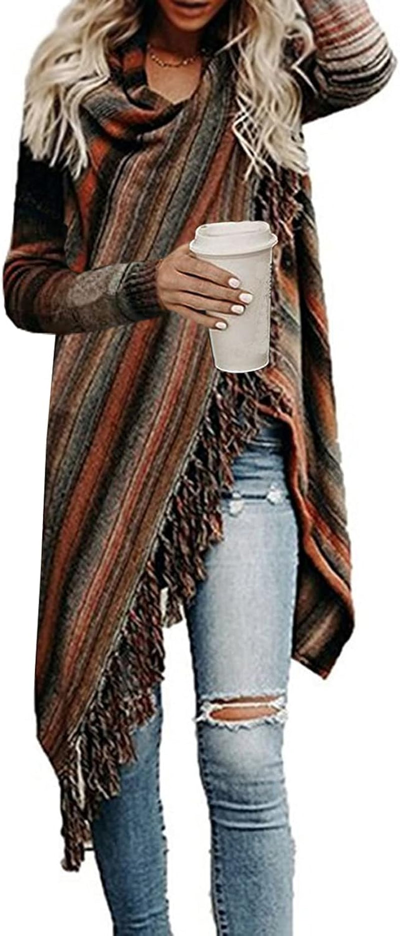 Women'S Open Front Knited Tassels Slash Loose Cardigan Crew Neck Speckled Fringe Sweater Outwear