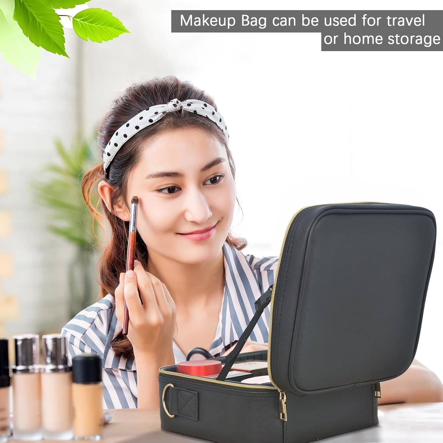 LED Makeup Travel Bag with Adjustable Brightness Mirror and Dividers - Lighted Cosmetic Case with Brush Holder, Ideal Gift for Women (Black)