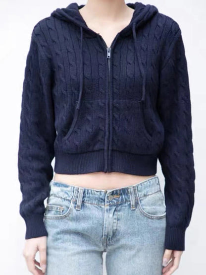 Women's Long Sleeve Knitted Crop Sweater, Zipper Front Off Shoulder Cardigan, Brandy Mandy Style Y2K Top