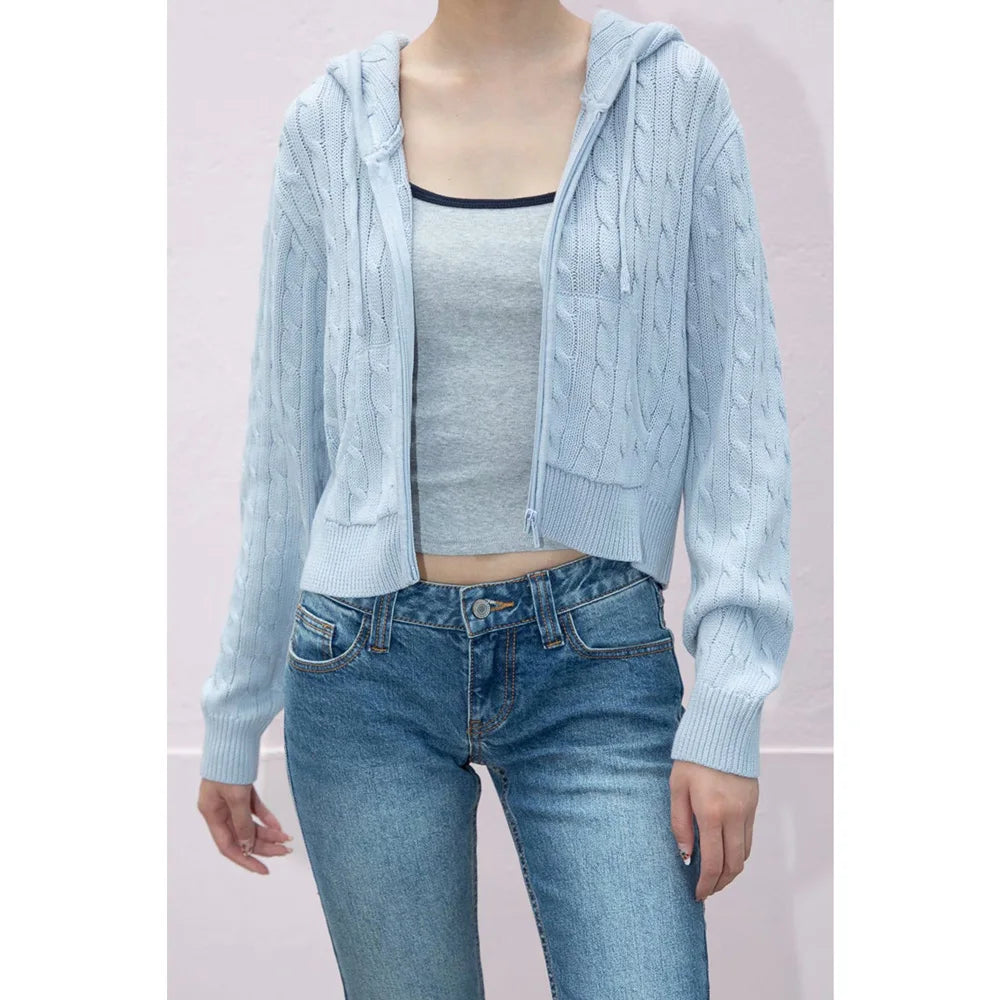 Women's Long Sleeve Knitted Crop Sweater, Zipper Front Off Shoulder Cardigan, Brandy Mandy Style Y2K Top