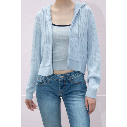 Women's Long Sleeve Knitted Crop Sweater, Zipper Front Off Shoulder Cardigan, Brandy Mandy Style Y2K Top