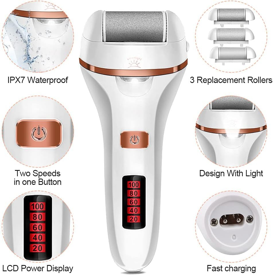 Rechargeable Electric Foot File and Callus Remover Set with Three Roller Heads and Dual Speed Settings for Optimal Pedicure and Foot Care