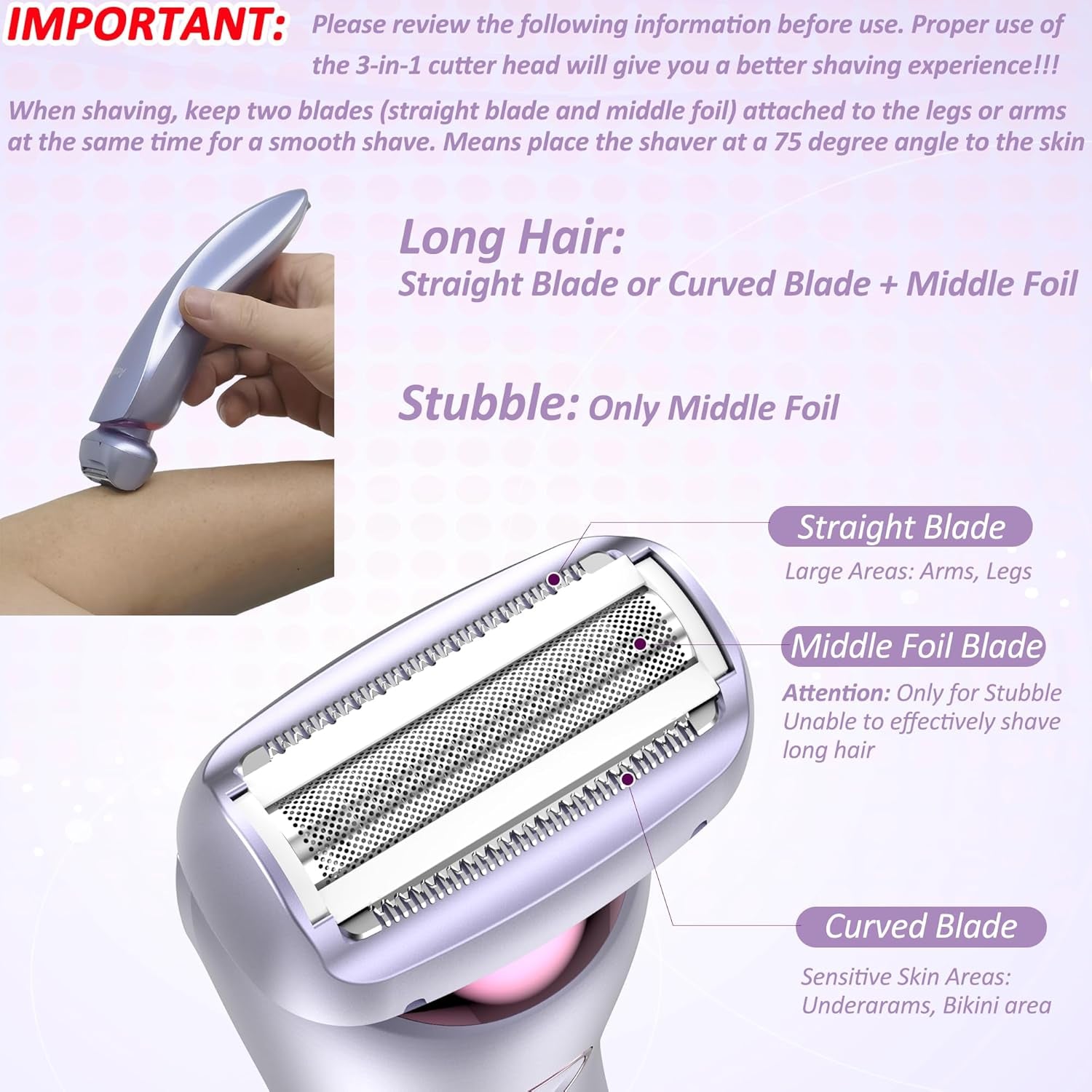 Women's Electric Shaver for Legs and Body - Waterproof Portable Hair Trimmer for Pubic, Underarm, and Bikini Areas, USB Rechargeable, Painless Design (Purple)