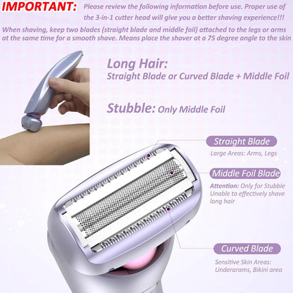 Women's Electric Shaver for Legs and Body - Waterproof Portable Hair Trimmer for Pubic, Underarm, and Bikini Areas, USB Rechargeable, Painless Design (Purple)