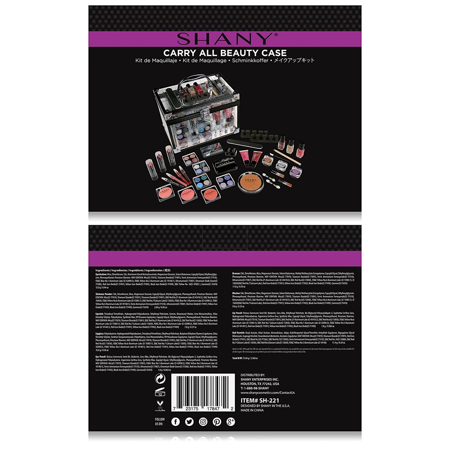 Deluxe Aluminum Makeup Train Case with Reusable Organizer and Complete Beauty Collection Featuring Eye Palettes, Blushes, Face Powders, Manicure and Pedicure Tools, and Cosmetic Brushes.