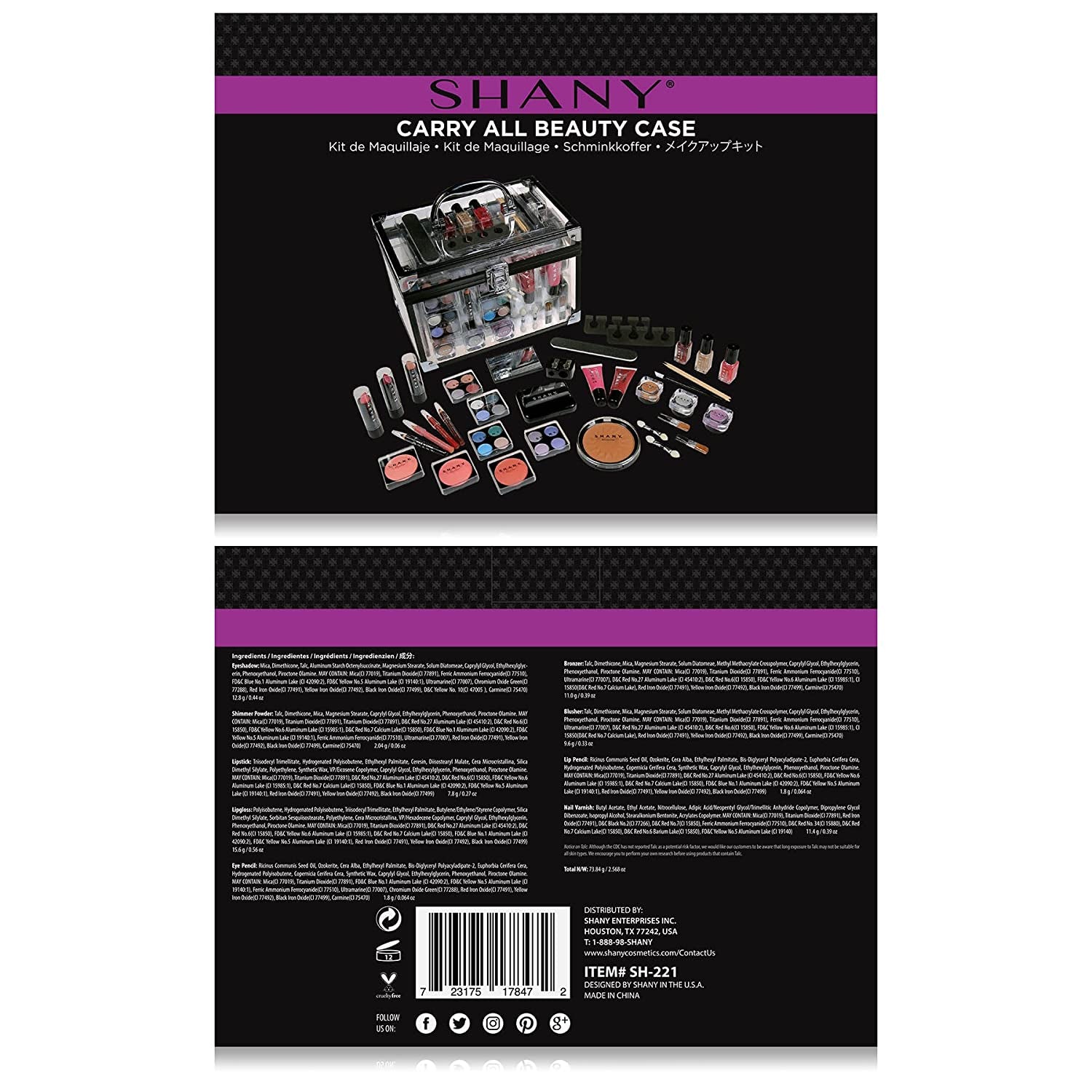 Deluxe Aluminum Makeup Train Case with Reusable Organizer and Complete Beauty Collection Featuring Eye Palettes, Blushes, Face Powders, Manicure and Pedicure Tools, and Cosmetic Brushes.