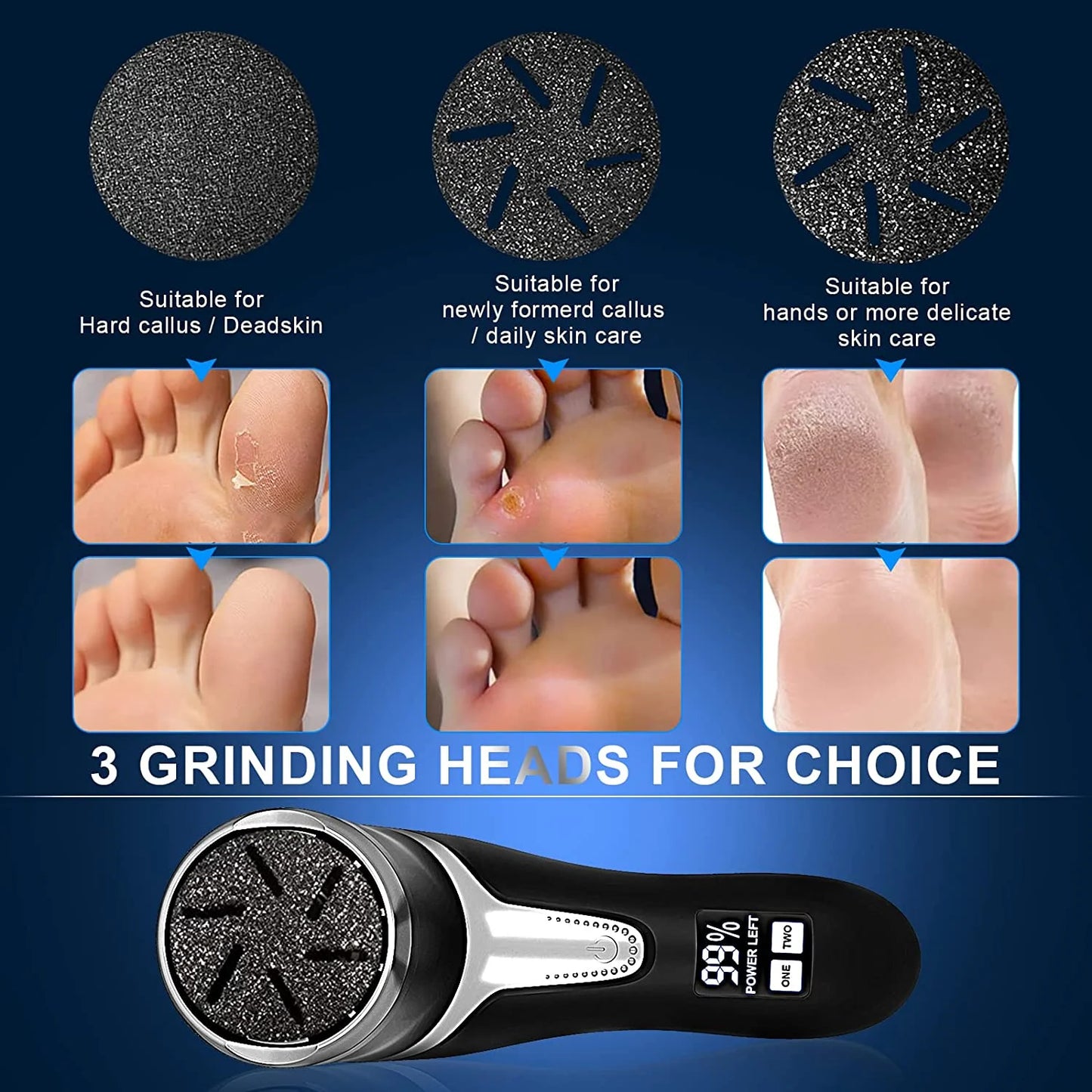 Professional Electric Callus Remover for Feet - Portable Rechargeable Pedicure Kit with Waterproof Foot File, 3 Interchangeable Heads, and LCD Display